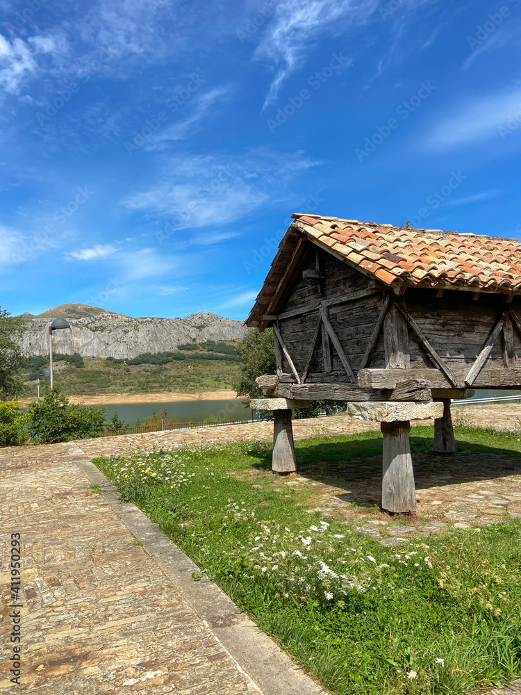 Old wooden Horreo de Salio, typical rural construction in Spain. Riano, province of Leon. Castile and Leon, northern Spain.