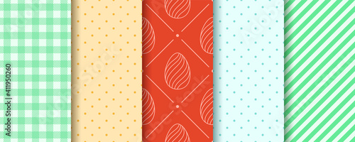 Easter seamless Patterns with Eggs, Gingham, Polka Dot and Stripes. Pattern designs collection. Endless texture for web, picnic tablecloth, wrapping paper. Pattern templates in Swatches panel.