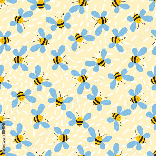 Seamless pattern with bees on light background. Adorable cartoon wasp characters. Template design for invitation, cards, textile, fabric. Doodle style. Vector stock illustration.