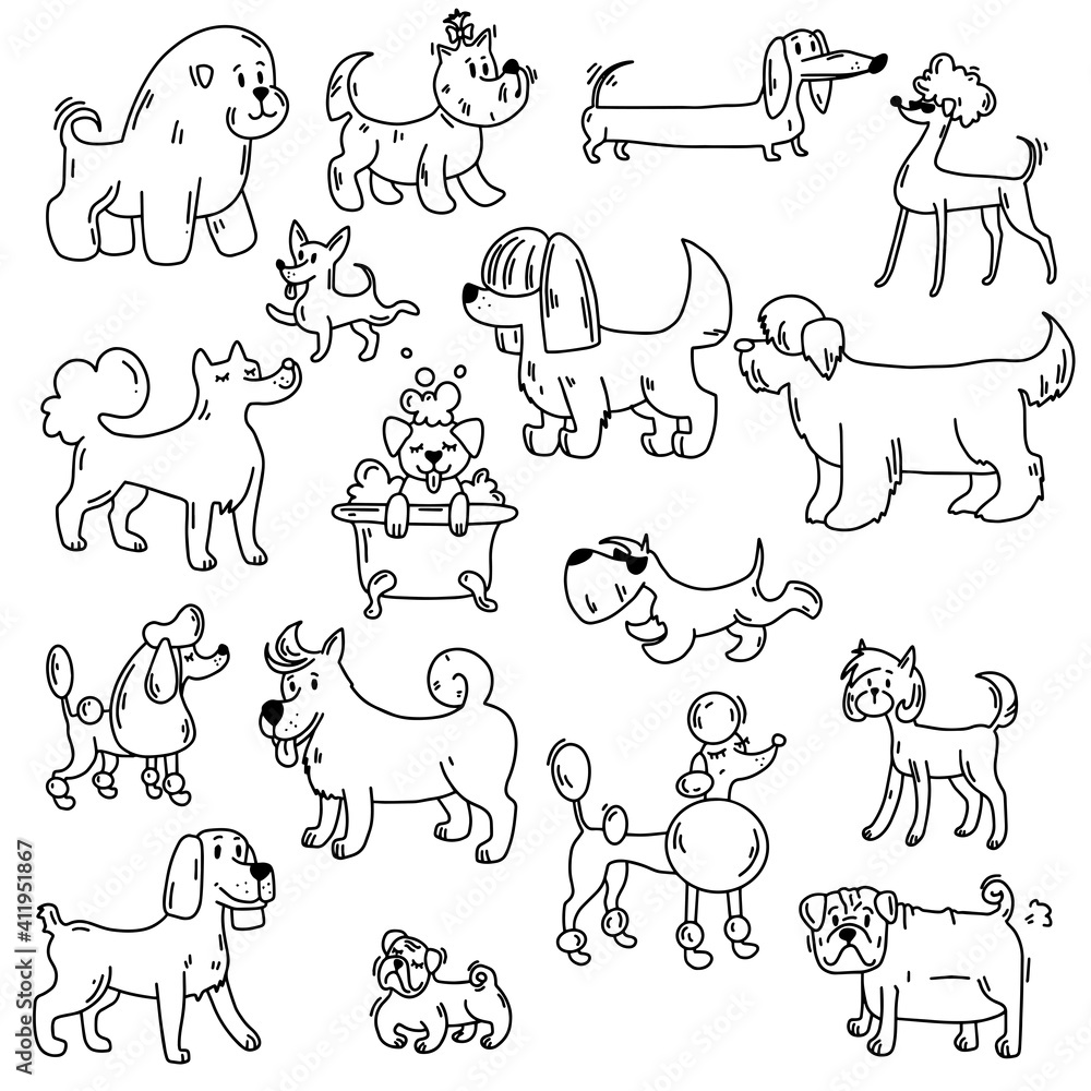 Obraz premium Set of illustrations of dogs. Coloring page. Doodle icon. Vector illustration of a dog. Editable element.