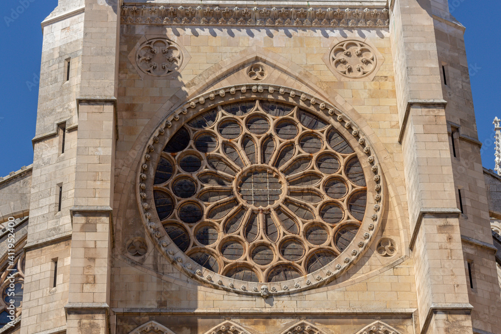 Castilla Leon, Spain - September 5, 2020: Detail of the rose window of the Gothic Cathedral of Leon. The Santa María de León Cathedral, also called The House of Light or the Pulchra Leonina.