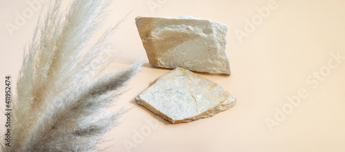 Natural stones on the neutral beige background, fluffy pampas grass closeup, front view. Trendy template mockup, stones podium with space for displaying your logo or space or cosmetics.