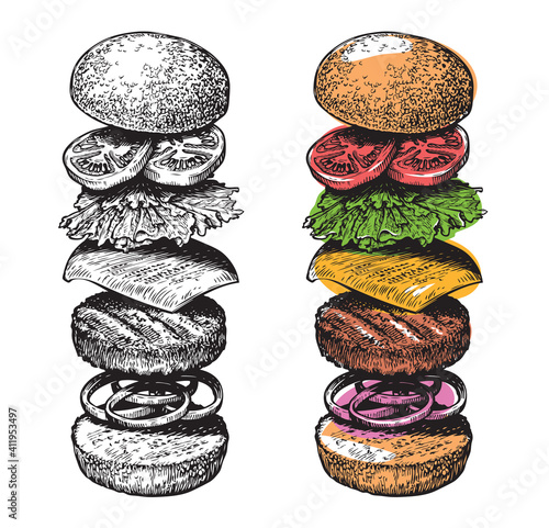 Burger ingredients sketch. Hand drawn food vector illustration