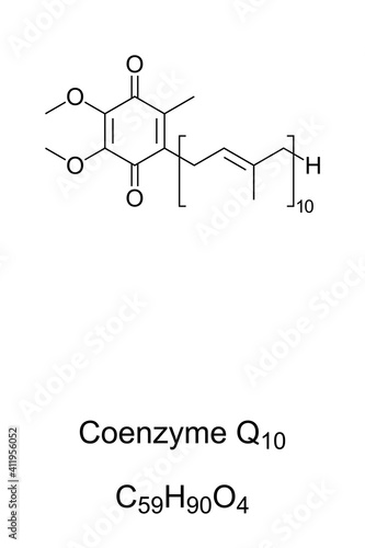 Coenzyme Q10, or also ubiquinone-10, chemical formula and skeletal structure. Most common form of coenzyme Q. Used as dietary supplement and ingredient in cosmetics. Illustration over white. Vector.