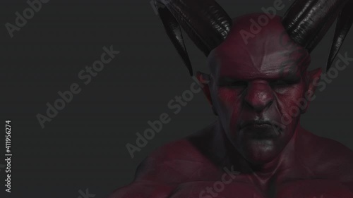 Red demon, devil, imp, monster with twisted horns and muscle hillocks. Close-up. Face expression. Part 3 from 6. Alpha channel only in 4k .mov version