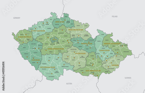 Detailed map of the Czech Republic with administrative divisions into regions (kraj) and districts, capital, large and regional cities of the country, vector Illustration on a white background
