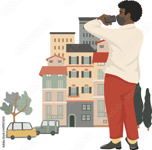 Young stylish man taking photo on the street, wearing mask, vector illustration, isolated on white