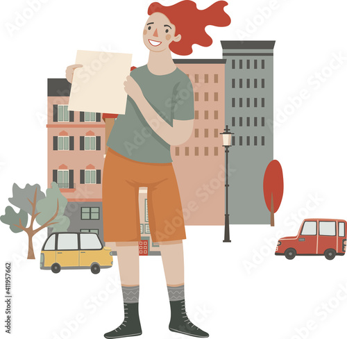 Young stylish girl holding sheet of paper, staying on the street ,vector illustration, isolated on white