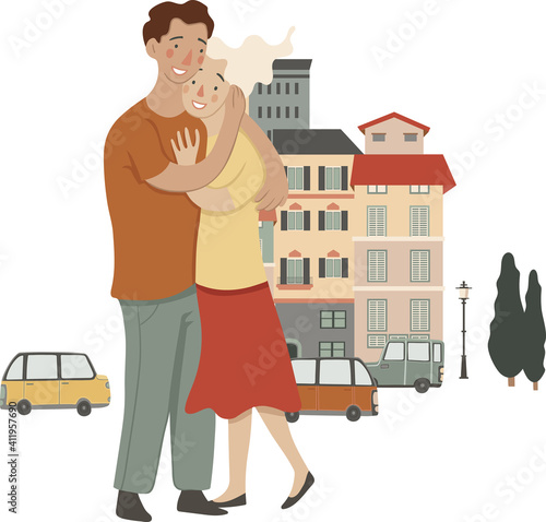 Young stylish couple, man and woman giving a hug on the street, vector illustration, isolated on white