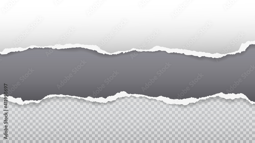 Piece of torn, ripped dark grey and white paper with soft shadow are on squared, transparent background for text. Vector illustration