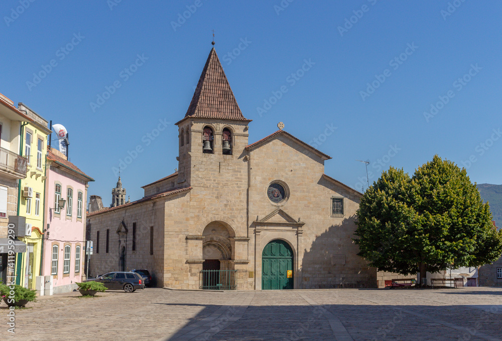 Chaves, Portugal, September 6, 2020: The historic Church of Santa Maria Maior (the Igreja Matriz or Parish Church) is located in the center of Chaves, close to the Town Hall. 