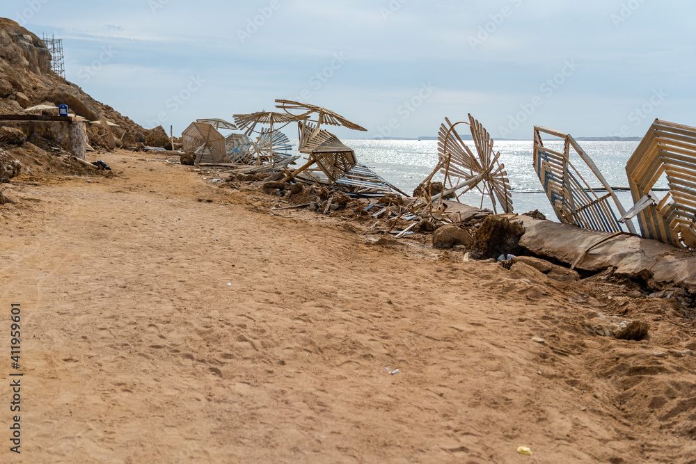 Abandoned tropical beach. Environmental or pollution concept. Abandoned tropical beach. Environmental or pollution concept.