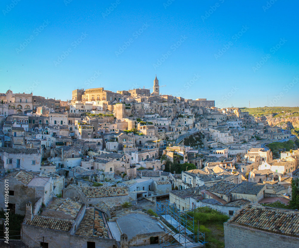 Matera and its stone dwellings in the canyon