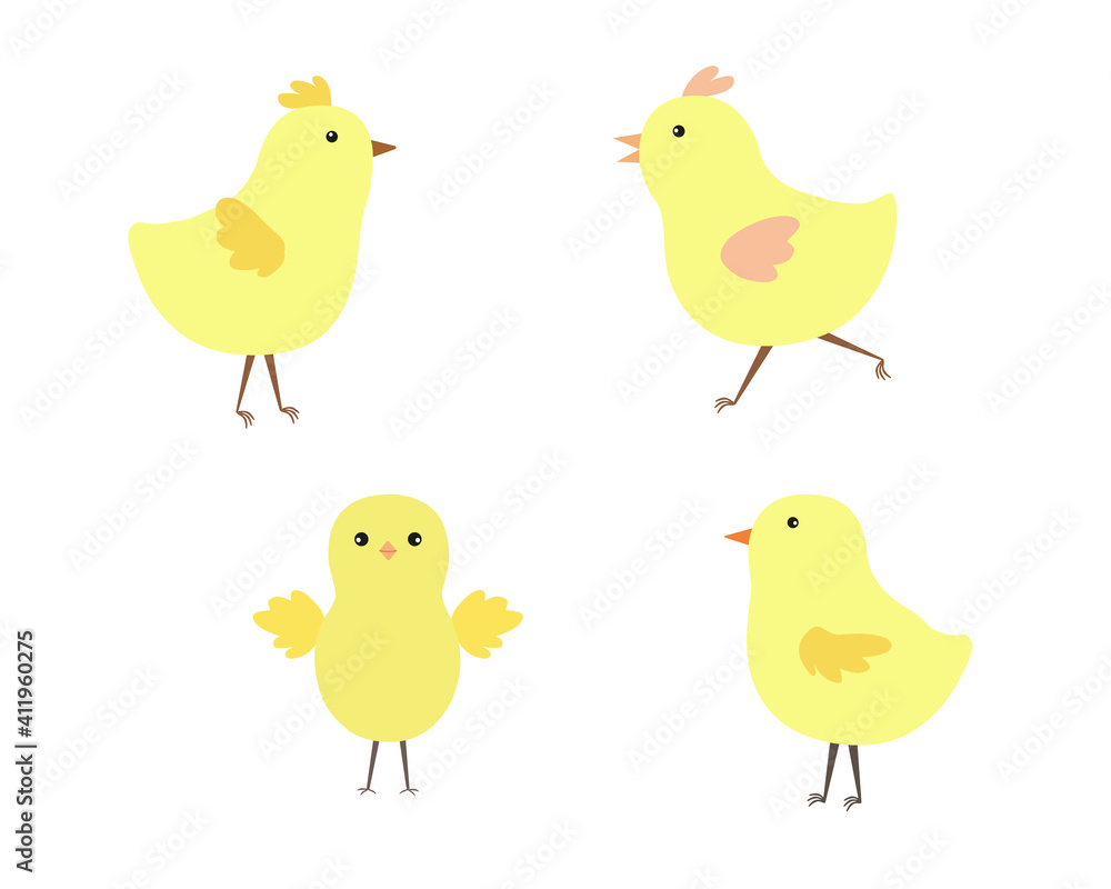 Little cute Easter chicken set, funny yellow flat style cartoon character vector illustration, symbol of festive springtime period clipart for cards, banner, Easter decor