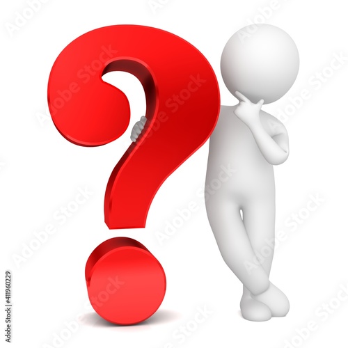 Question mark interrogation point red query sign tip advice problem symbol ? icon white thinking asking pondering stick figure man person character needs help and support 3d rendering