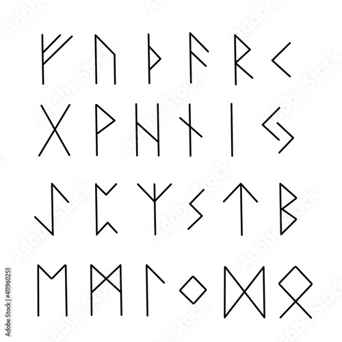 Old runes, ancient Scandinavian alphabet vector illustration, hand drawn typography, occult letters, mystical signs, esoteric concept