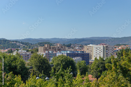 Chaves, Portugal - September 6, 2020: Aerial view of Chaves city viewed from the Chaves Castle in Portugal.