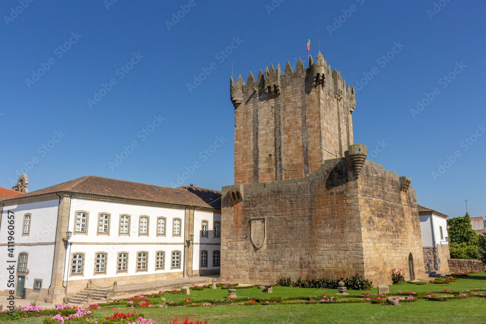 Chaves, Portugal, September 6, 2020: The Tower of Homage, symbol of the powerful Castle of Chaves. Built by Dom Dinis, this castle has had great importance in the Defense military of Northern Portugal