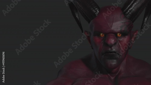 Red demon, devil, imp, monster with twisted horns and muscle hillocks. Close-up. Face expression. Part 4 from 6. Alpha channel only in 4k .mov version