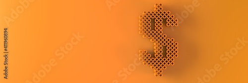 The symbol of the American currency made of small cylinders on an orange background. 3D visualization