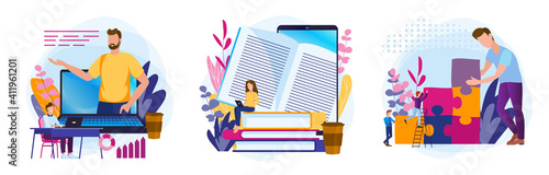 Educational web seminar, internet classes, professional personal teacher service icons set. Webinar, digital classroom, online teaching metaphors.