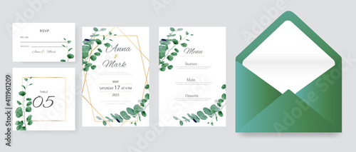 Eucalyptus wedding invitation cards template with watercolor herbs leaves decorative.
