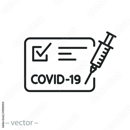 vaccine passport icon, vaccination certificate against covid-19 with check mark, medical card or passport for travel in time pandemic, thin line symbol on white background - editable stroke vector 