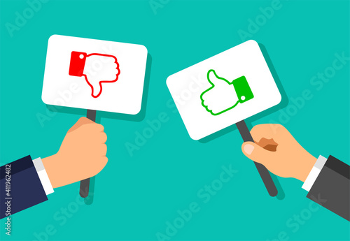 Businessman hands hold plaques with like and dislike gestures. Votes concept. Disagree, agree, feedback. Vector illustration.	