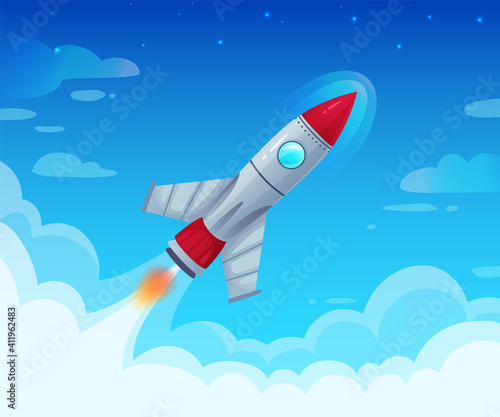 Flying spaceship with flame. Launching new business project or startup idea. Fast speed rocket flight in sky with clouds, futuristic exploration and technology progress vector illustration