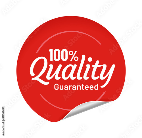 Quality guaranteed red round sticker with bent edge. Adhesive paper badge for trading, selling product in shop or store. Best quality label isolated on white cartoon vector illustration