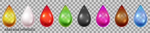Realistic liquid drops. 3d droplets of water, blood, green and black tea, cream, petrol and oil. Pink and golden cosmetics drop vector set. Colorful dripping isolated liquid or fluid elements