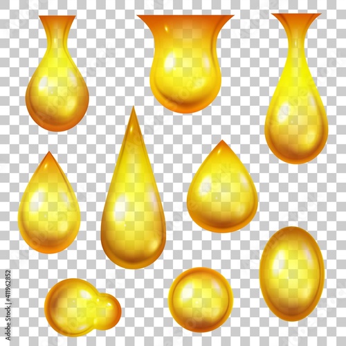 Oil drop. Realistic honey drops and golden bubbles. 3d dripping yellow droplets for cosmetic or petrol products. Falling liquid vector set. Machine oil, gasoline or essence for skincare