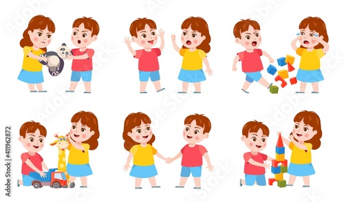 Brother and sister fight. Cartoon siblings angry  quarrel and cry. Kids fighting over a toy  playing together and holding hands vector set. Arguing boy and girl having rivalry  conflict