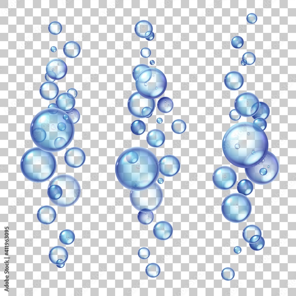 Underwater air bubbles. Fizzing gas flying in water or soda drink