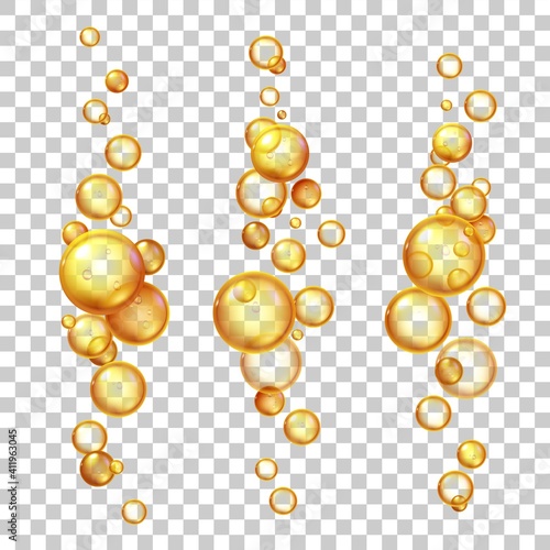 Oil bubbles. Gold cosmetic liquids with keratin, jojoba or collagen. Natural vitamin pills essence. Realistic 3d flying droplets vector set. Olive or fish oil, emulsion or fluid for medicine
