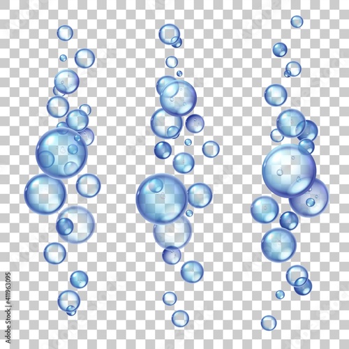 Underwater air bubbles. Fizzing gas flying in water or soda drink. Realistic soap or oxygen bubble group flow in sea or aquarium vector set. Pure aqua sparkle elements, fresh effect