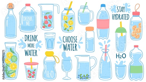 Cartoon water bottles. Detox drinks with lemon and cucumber. Sports and glass bottle and glasses with liquids. Drink more water vector set. Stay hydrated. Jar and cup with straw with liquid