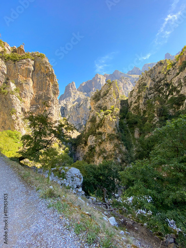 The Cares river canyon along the Cares Route in the heart of Picos de Europa National Park  Spain. Narrow and impressive canyon between cliffs  bridges  caves  footpaths and rocky mountains.
