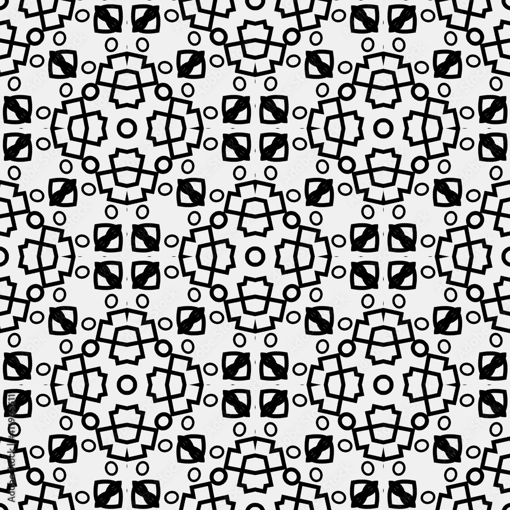 

Raster geometric ornament. Black and white seamless pattern with star shapes, squares, diamonds, grid, floral silhouettes. Simple monochrome ornamental background. Repeat design for decor, print