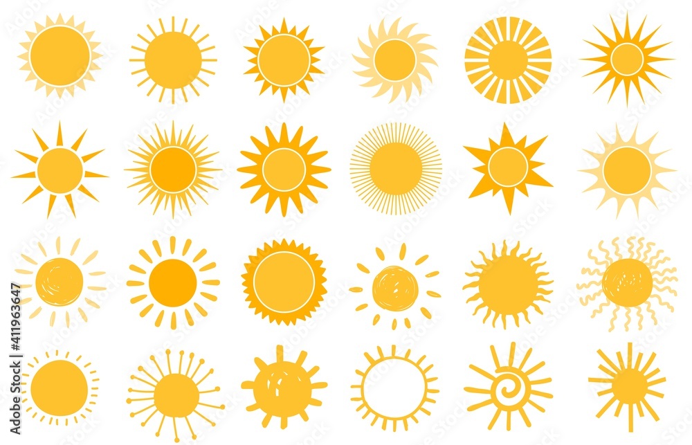 Cartoon sun icon. Flat and hand drawn summer symbols. Sunshine shape logo.  Morning sun silhouettes and sunny day weather elements vector set. Bright  orange sunlight with beams and rays Stock Vector |