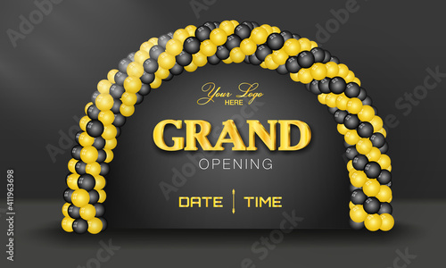 Grand Opening Business Template for banner and advertisement with balloon arch, gold colored text with the place for your logo and time, date vector illustration