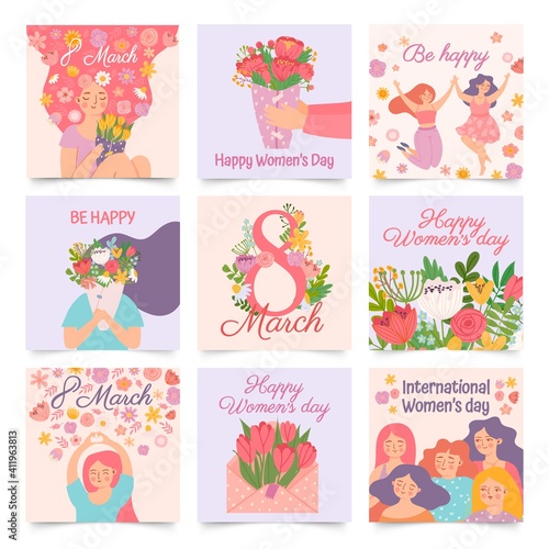 International womens day. Posters with happy dancing woman and spring flowers celebrating 8 march. Cartoon female hold bouquet vector set. Envelope with tulips, cheerful girls greeting cards