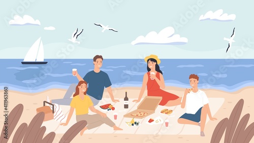 Picnic at beach. Group of friends chill and eat food on sea shore. Happy men and women have lunch outdoor. Holiday on seaside vector concept. People drinking wine, tasting pizza, flying seagulls
