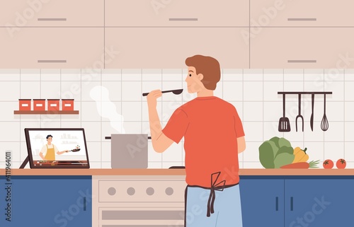 Watch video recipe. Man cooking at kitchen using online chef courses. Preparing food by tutorial, distance learning at home vector concept. Character cooking vegetable with guide on tablet