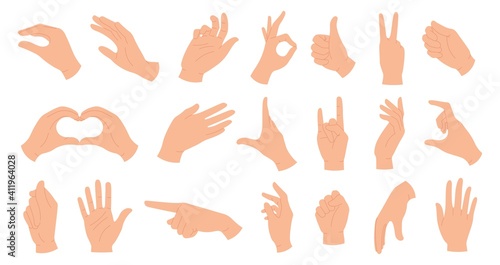 Hands holding gestures. Elegant female and male hand showing heart, ok, like, pointing finger and waving palm. Trendy hands poses vector set. Body language signs and symbols for communication