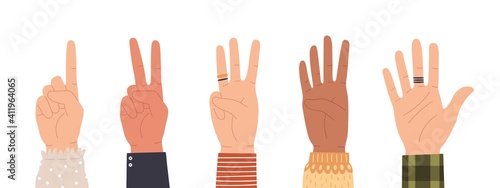 Hands counting. Count on fingers showing number one, two, three, four and five. Hand icons countdown gesture in trendy flat style vector set. Male and female palms with rings isolated