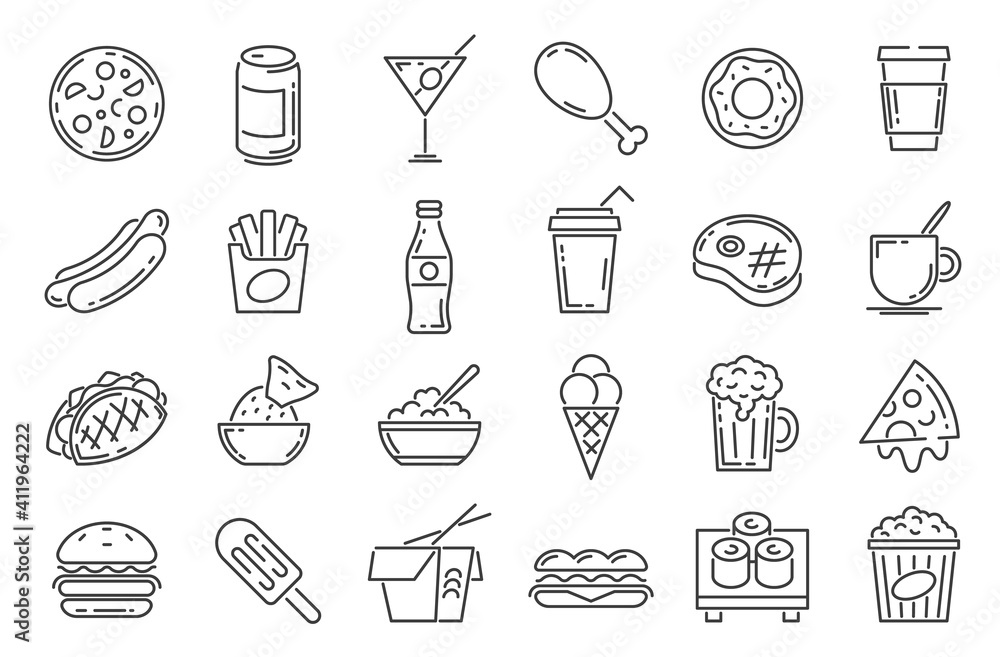 Fast food line icons. Cafeteria snack, sandwich, drink, pizza, hamburger and hotdog. Outline takeaway dishes and cafe menu symbol vector set. Ice cream and french fries, asian noodles