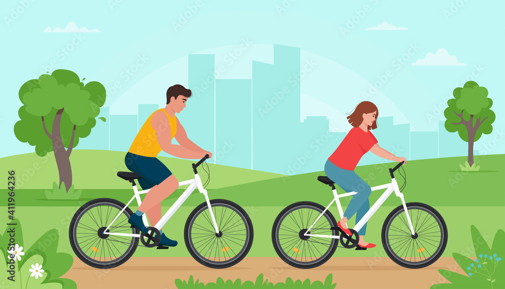 People riding bikes in the park at spring or summer time. Man and woman resting doing sports. Vector illustration in flat style People riding bikes in the park at spring or summer time. Man and woman resting doing sports. Vector illustration in flat style