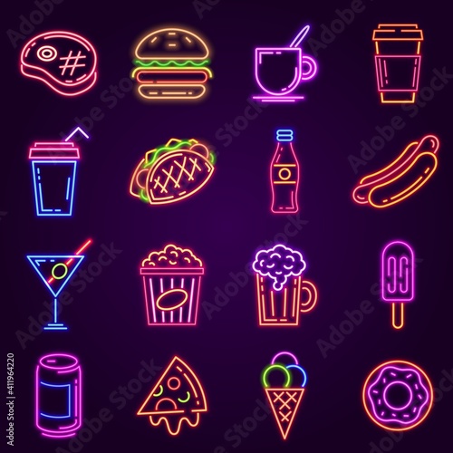 Neon fast food. Glowing icon for cafe and bar street sign with burger, popcorn, hot dog, coffee and pizza. Cocktail and beer club vector set. Menu for street dishes, glowing advertisement