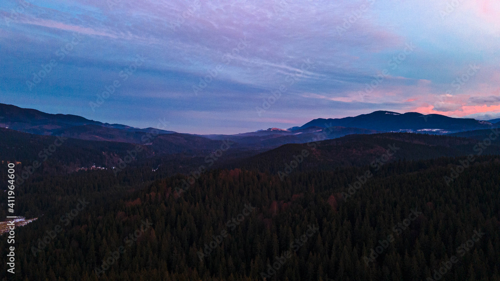 Mountains pine forest beautiful winter landscape from a height